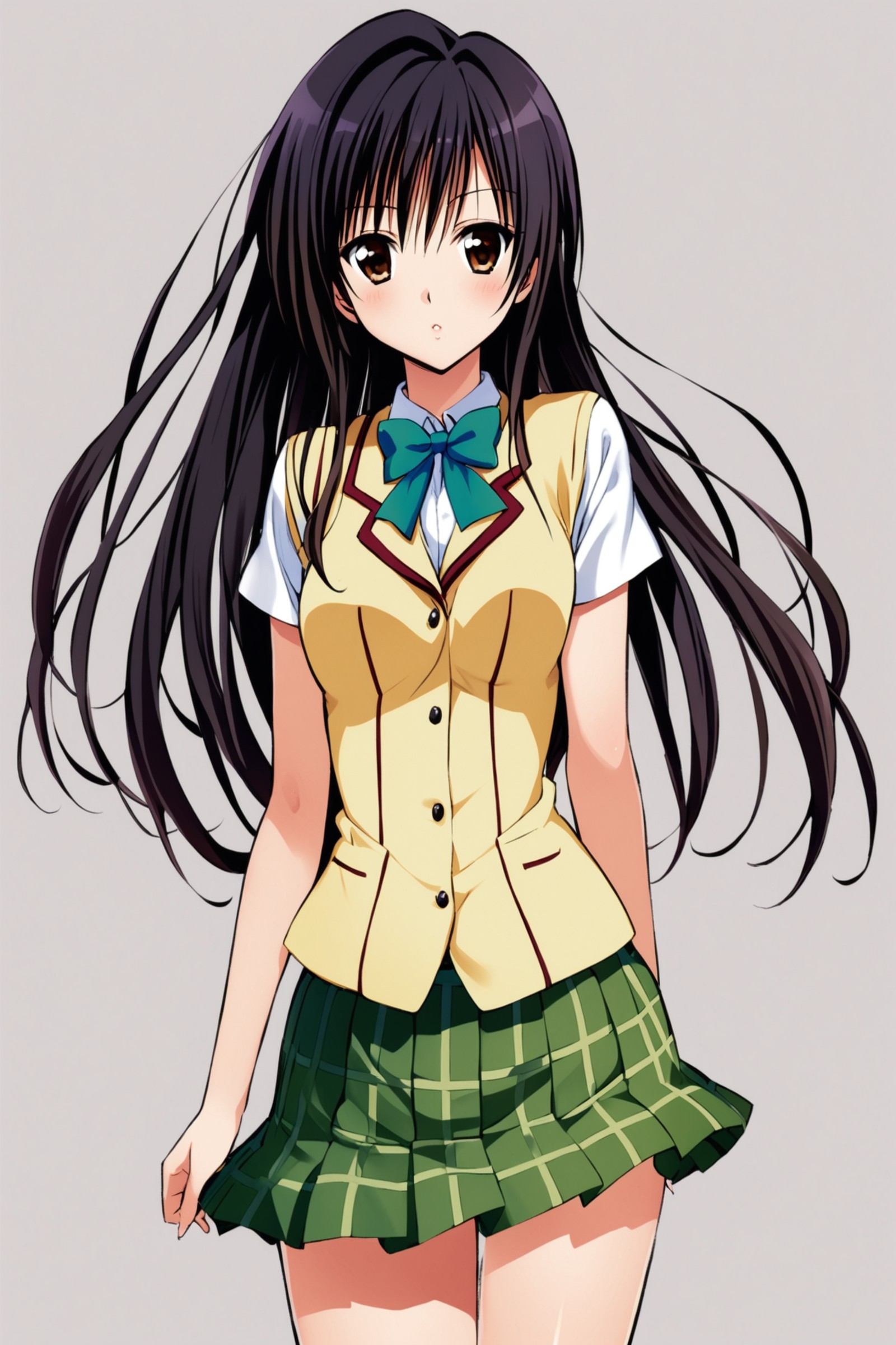 1girl,kotegawa yui,solo,long hair,school uniform,black hair,green skirt,standing,simple background,white background,lookin...